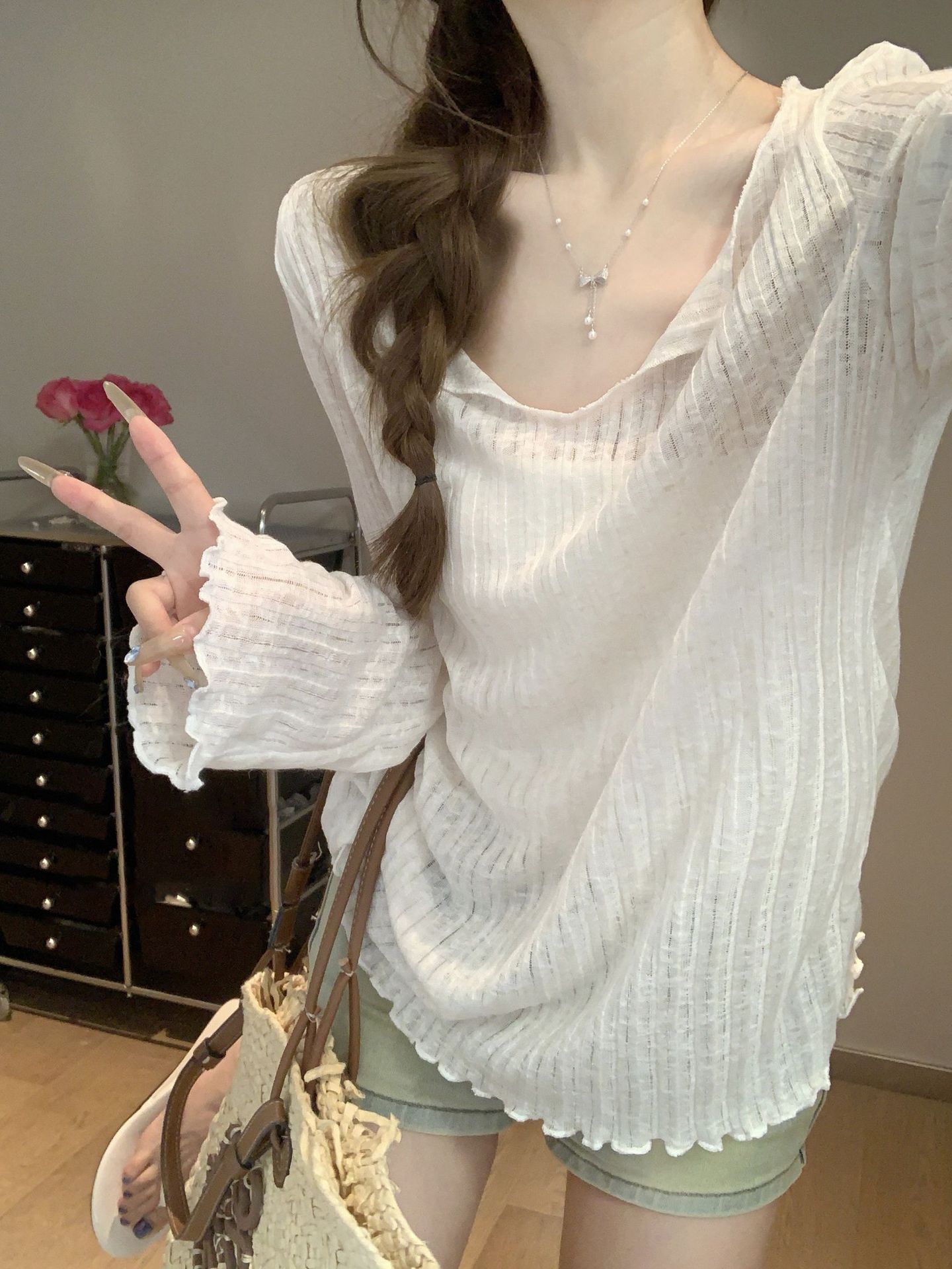 Korean version chic apricot fungus edge sunscreen blouse women s summer thin loose and thin loose clothes S абрикосовый