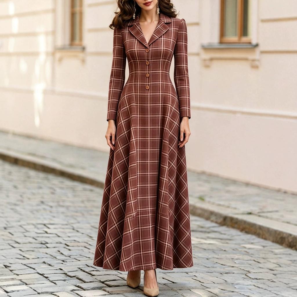 Spring and Autumn Temperament Elegant French Commuter Plaid Breasted Suit Dress Women's Long Dress