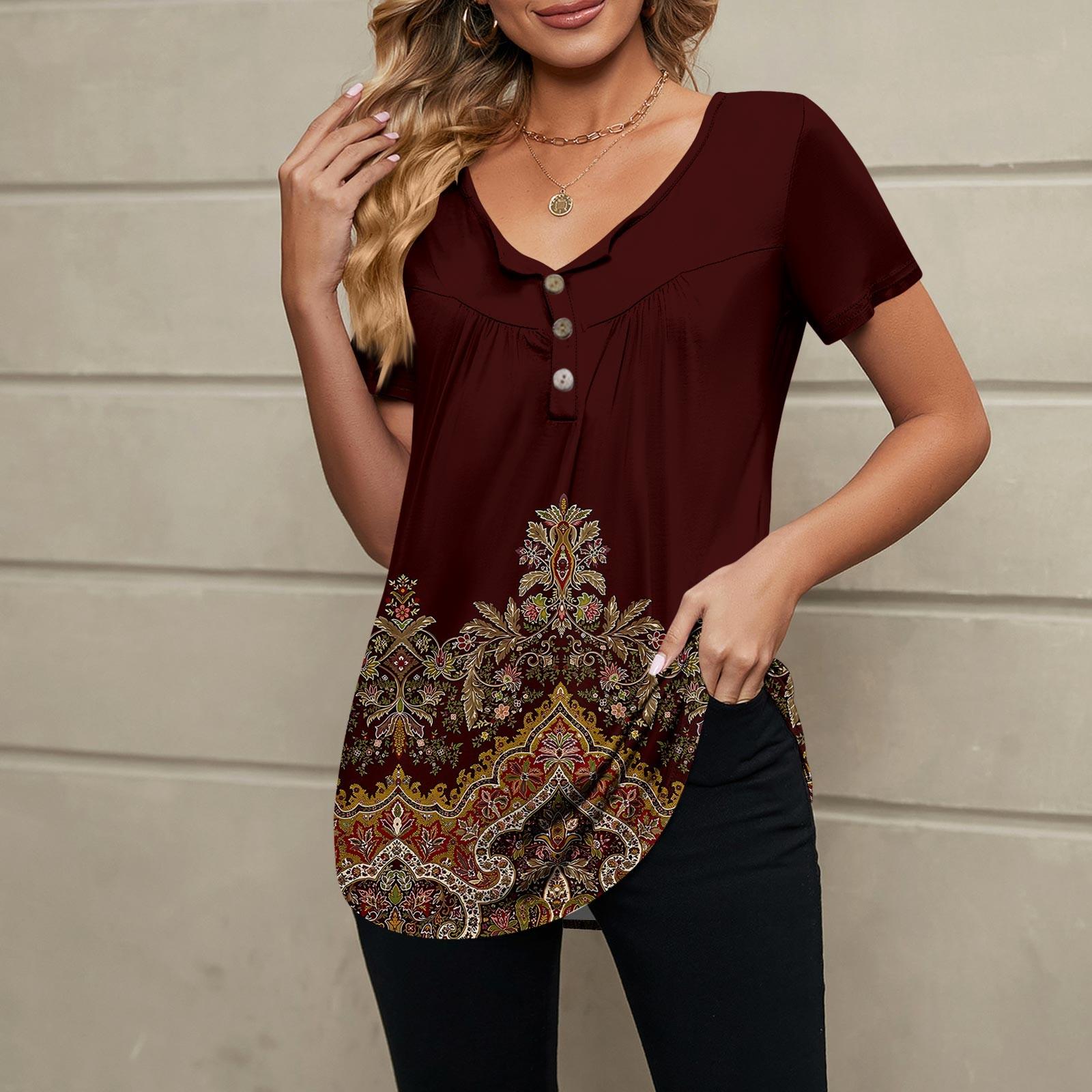 

Женская модная повседневная футболка с v-образным вырезом и цветочным принтом на пуговицах и коротким рукавом, топ XL красный