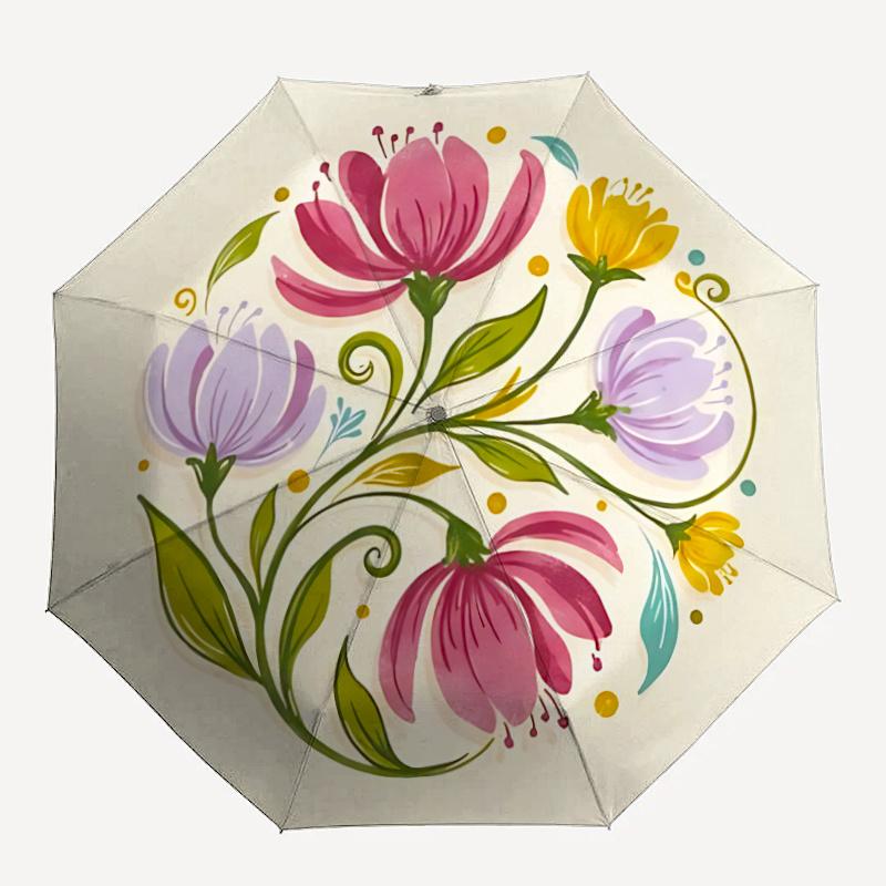 

1pc Floral Illustration Automatic Folding Umbrella - Compact 8-Rib Design, Durable Plastic & Iron, Festive Gift, Compact Umbrellan021