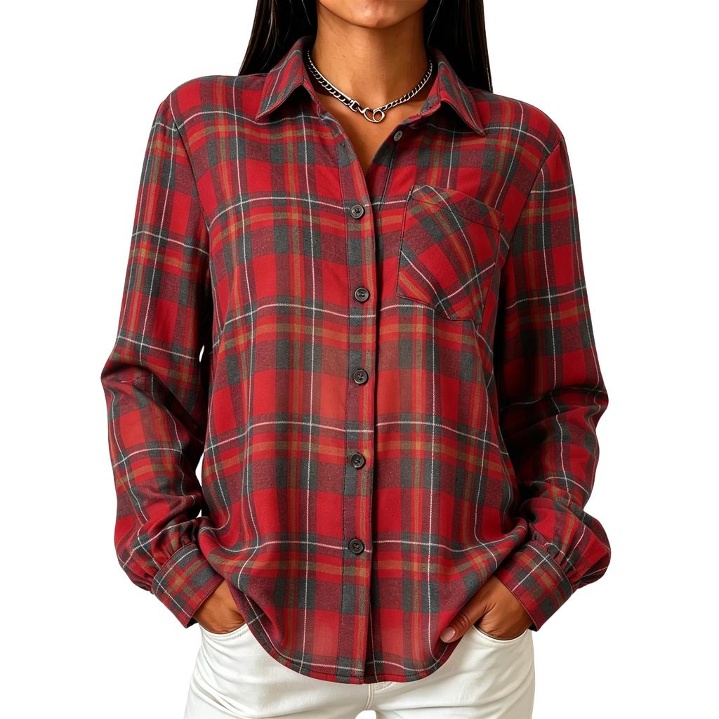 Camisa de cuadros casual de manga larga holgada para mujer, top de otoño/invierno con bolsillos