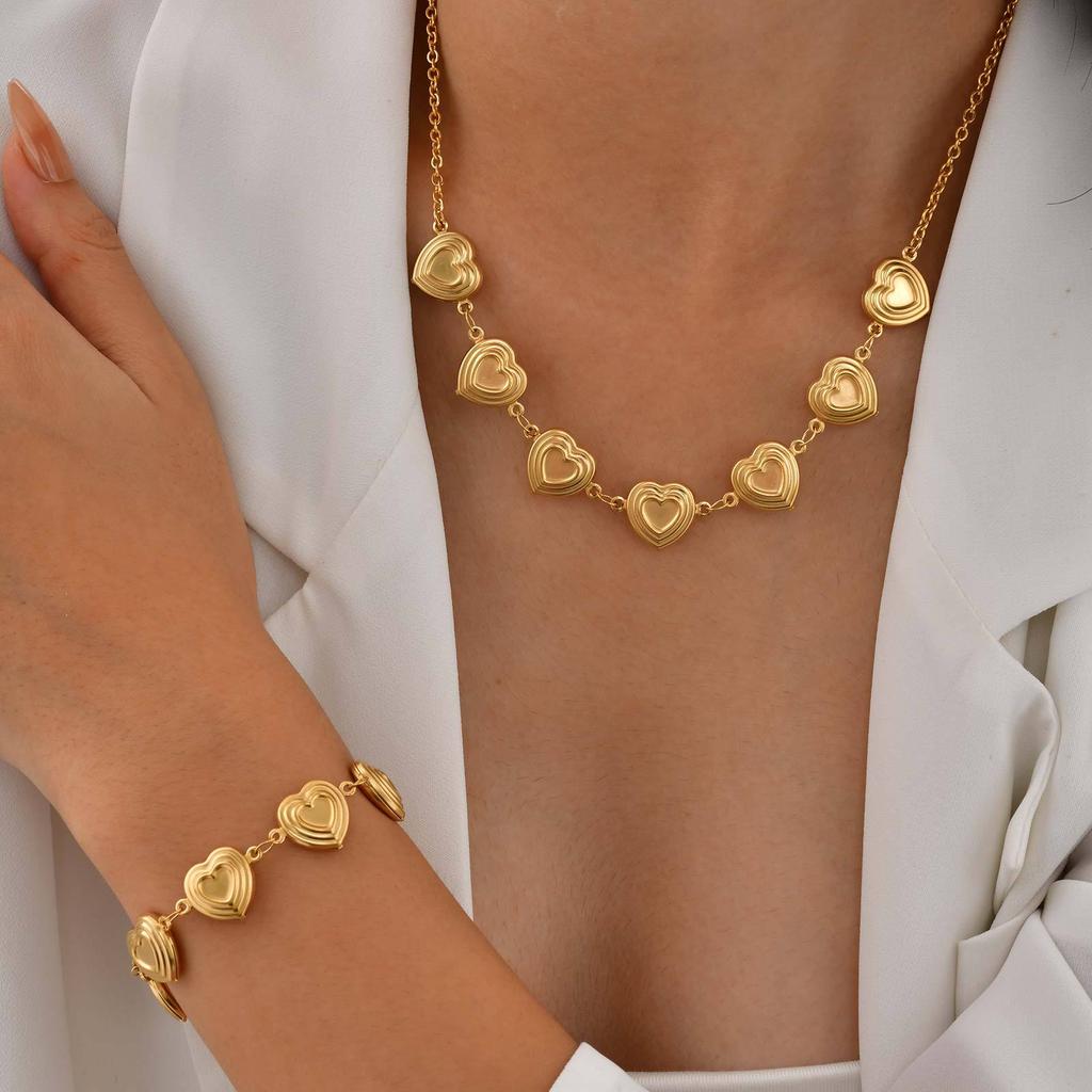 Personalized Exaggerated Stainless Steel Plated 18K Gold Hollow Heart Bracelet Necklace Br-2721