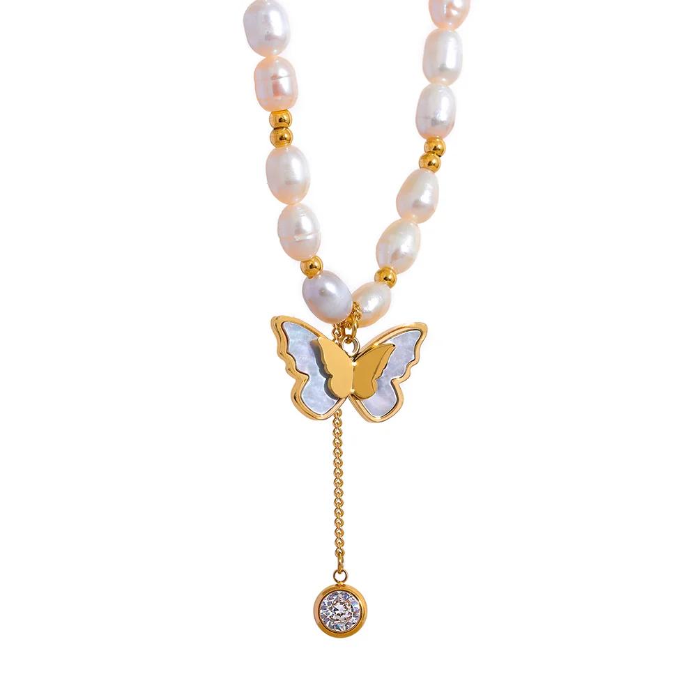 

Yhpup Luxury Natural Freshwater Pearl Chain Butterfly Pendant Stainless Steel Handmade Necklace for Women Exquisite Jewelry Gift