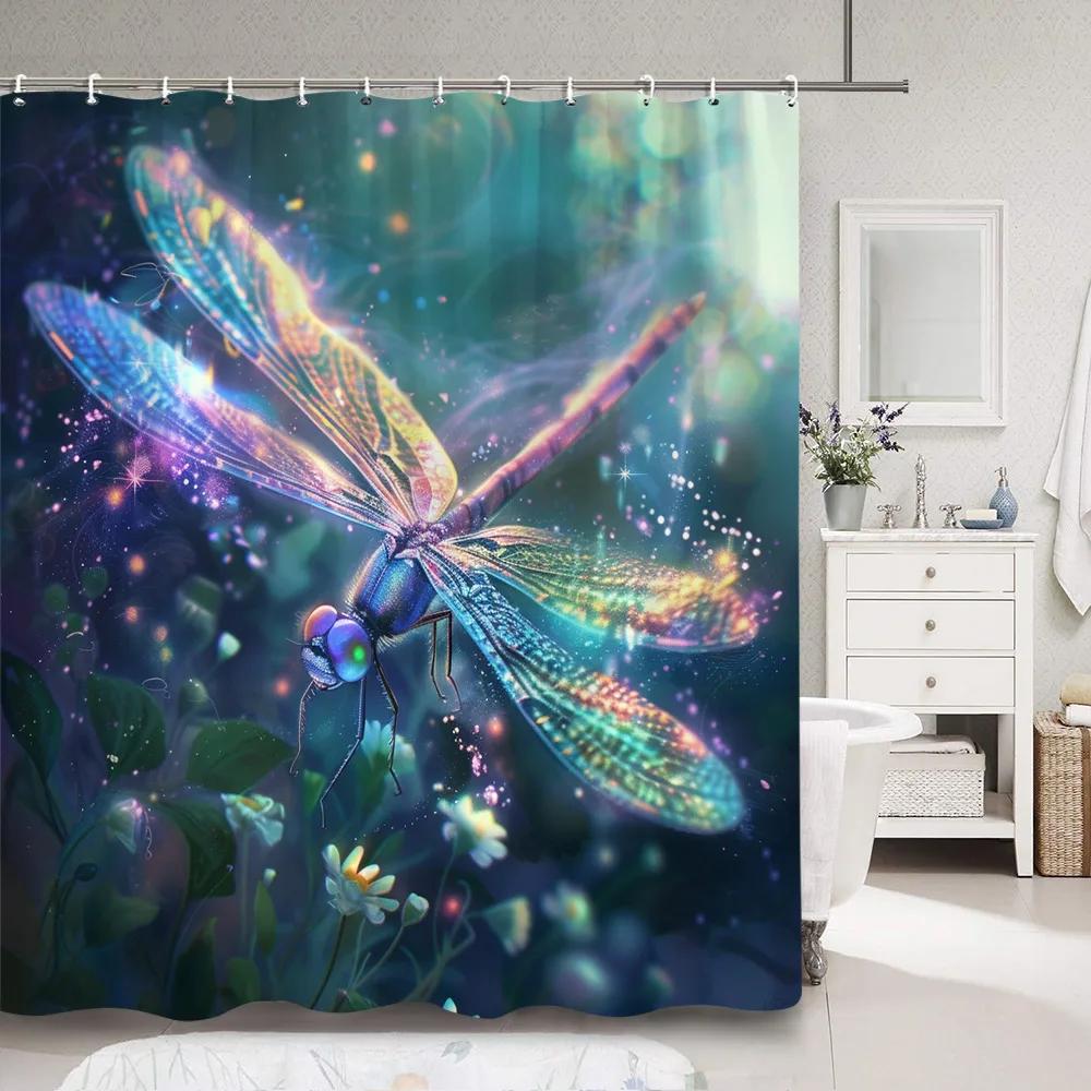Dragonfly Watercolour Shower Curtain Dandelion Lavender Flower Polyester Fabric Home Art Bath Curtains Bathroom Decor with Hooks