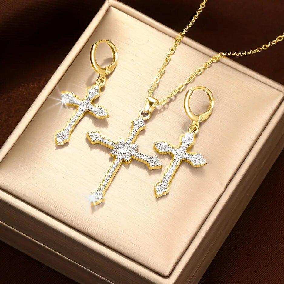 3 Pcs/Set New Fashionable And Minimalist Cross Heart Pendants Earrings Necklaces Jewelry Sets Women's Party GiftsTrendy Jewelry