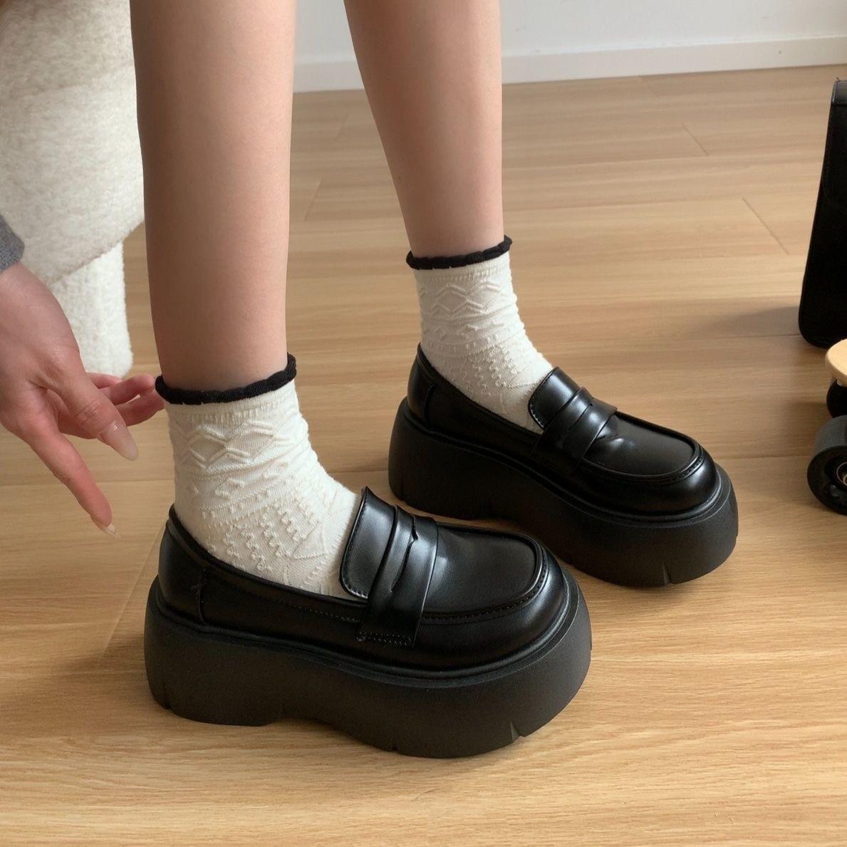 

British style heightened platform small leather shoes women s 2025 new spring and summer explosion jk black loafers one-pedal single shoes 40