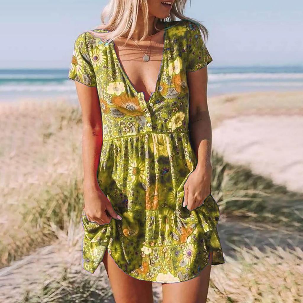 Dámská móda Ležérní šaty s volným výstřihem do V a krátkými knoflíky s potiskem