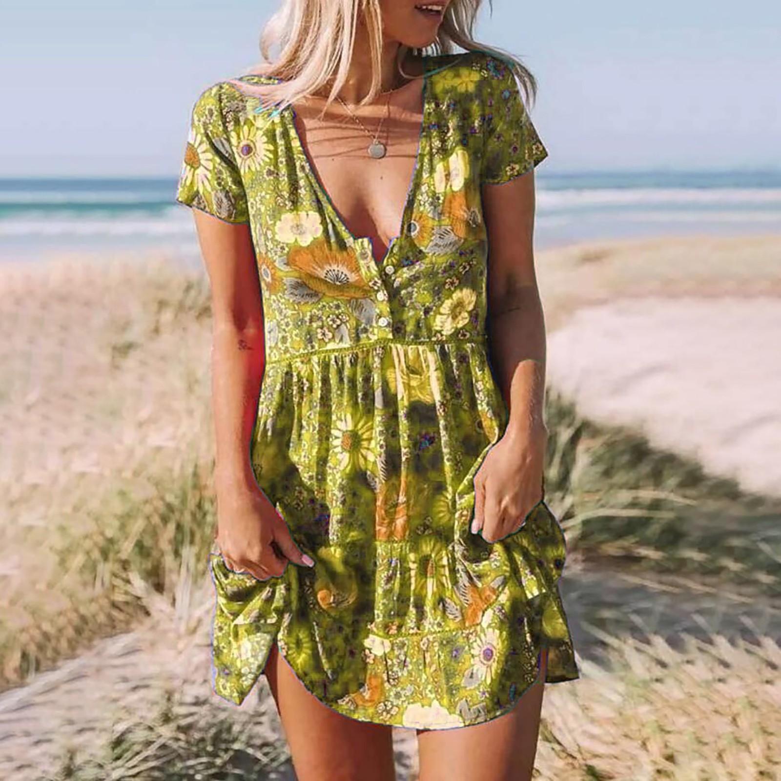 

Женская мода свободное повседневное платье с короткими пуговицами и v-образным вырезом XXL жёлтый