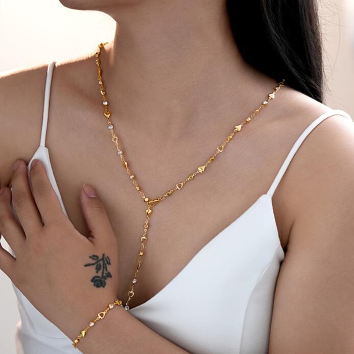 IF ME 2 Pcs Heart Zircon Tassel Bracelet Necklace Set Fashion Women Jewelry For Daily Wear Party Wedding Birthday Christmas Gift.