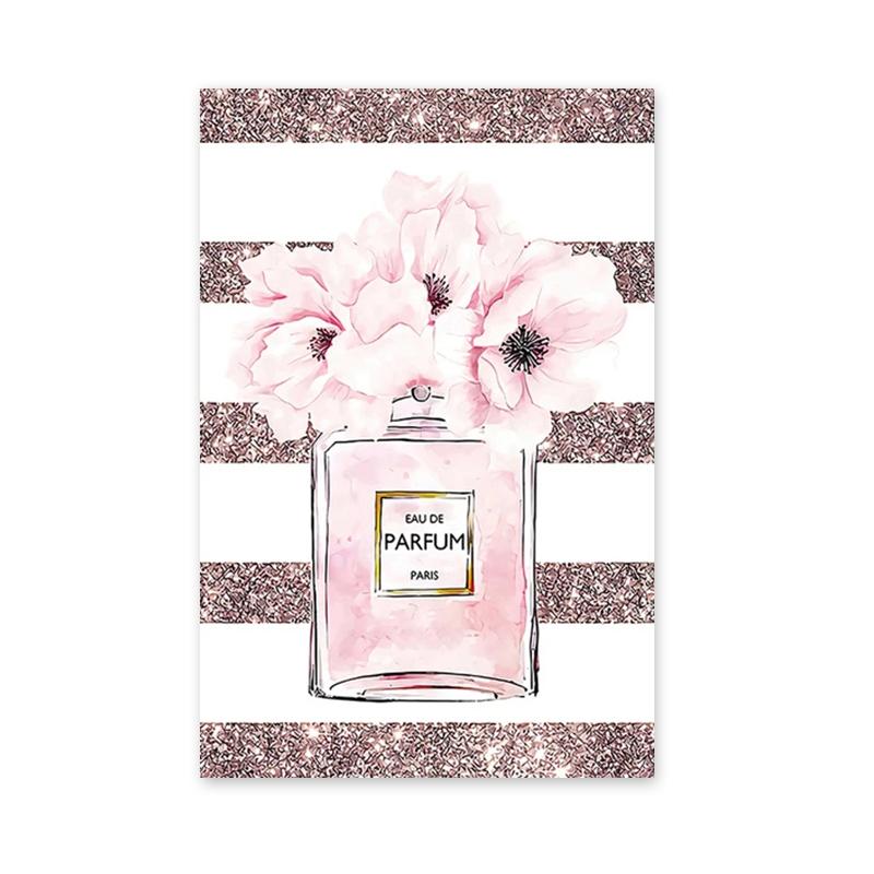 Fashion Pink Flower Perfume Eyelash Lip Makeup Poster Print Girl's Room Canvas Painting Wall Art Picture for Beauty Salon Decor