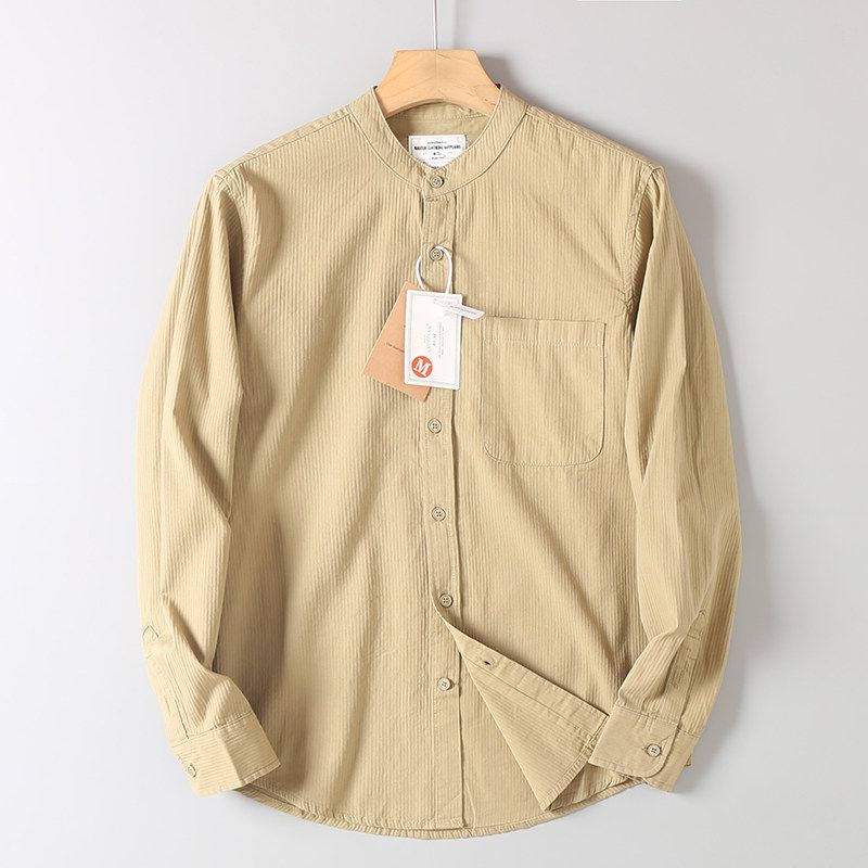 Men's Autumn Versatile Loose Casual Long-Sleeve Shirt with Dark Striped Collar, Made from Washed Cotton, from Foreign Trade Surplus Stock
