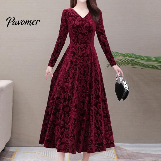 Long Dress V Neck Sleeves Waist Tight A-Line Unique Pattern Women Spring Autumn Pleated Loose Hem Solid Color Velvet Maxi Party