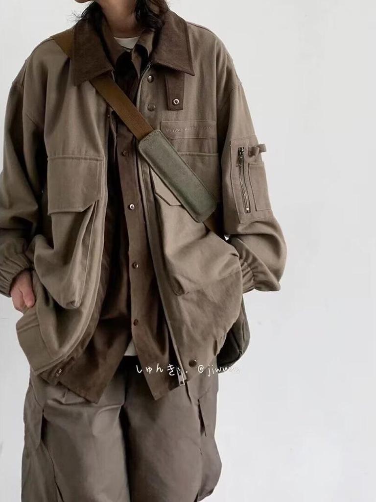 Unisex Japanese Retro Workwear Jacket: Multi-Pocket, Lapel, Loose Fit for Spring/Autumn