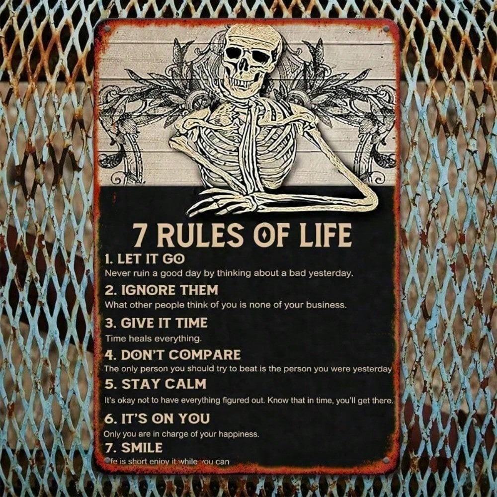 Vintage Metal Tin Sign 7 Rules of Life Skull Wall Art Decor Rustic Iron Plaque for Home Office Bar