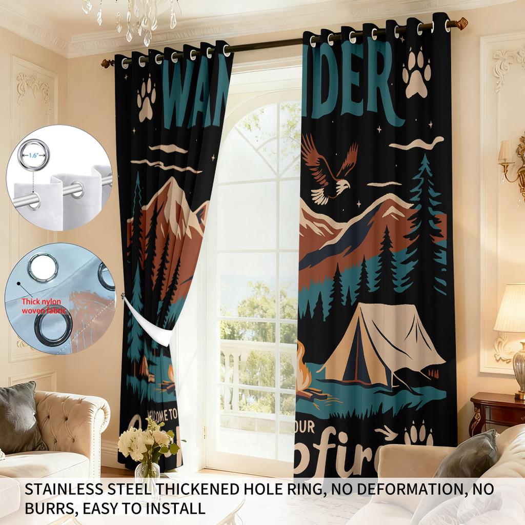 2pcs Camping Printed Perforated Blackout Curtains   Multiple Sizes For Living Room   Bedroom   Home Decoration   Easy To Install