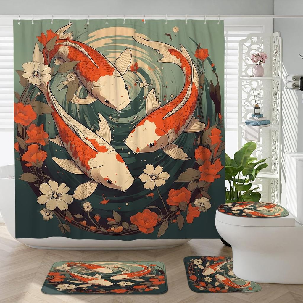Japanese Cherry Blossom Shower Curtain Set, Asian Anime Shower Curtains for Bathroom Cool Watercolor Abstract Art