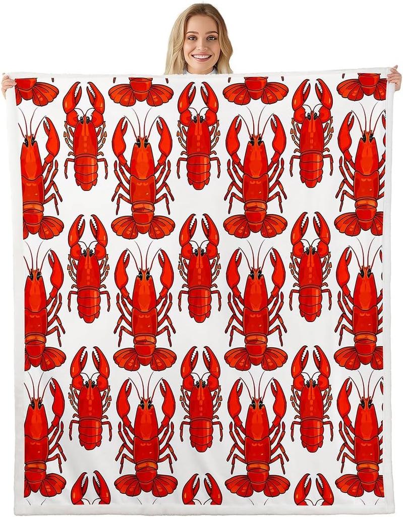 Red Lobster Pattern Blanket Soft Fleece Throw Seafood Theme Decor Fun Gift for Kitchen Living Room Bedroom