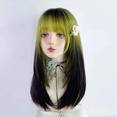 Long Straight Ombre Black Green Gradient Synthetic Women Wig with Bangs Lolita Cosplay Wig for Daily Party