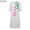ZANZEA Vestido Casual Feminino de Manga 3/4 Solto com Estampa de Gola Redonda