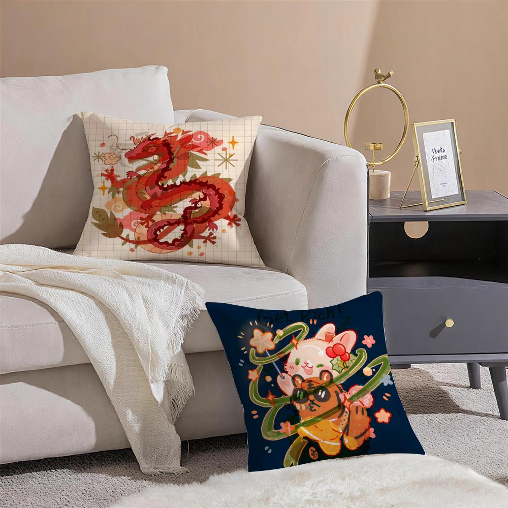 Cartoon Of Oriental Dragon Illustration Pillow Case Double-Sided Plush Sofa Cushion Covers Organic Breathable Invisible Zipper