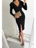 V-Neck Waist-Cinching Slit Solid Color Long Sleeve Dress