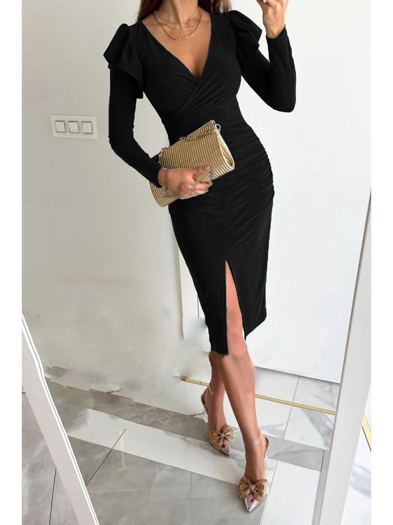 V-Neck Waist-Cinching Slit Solid Color Long Sleeve Dress