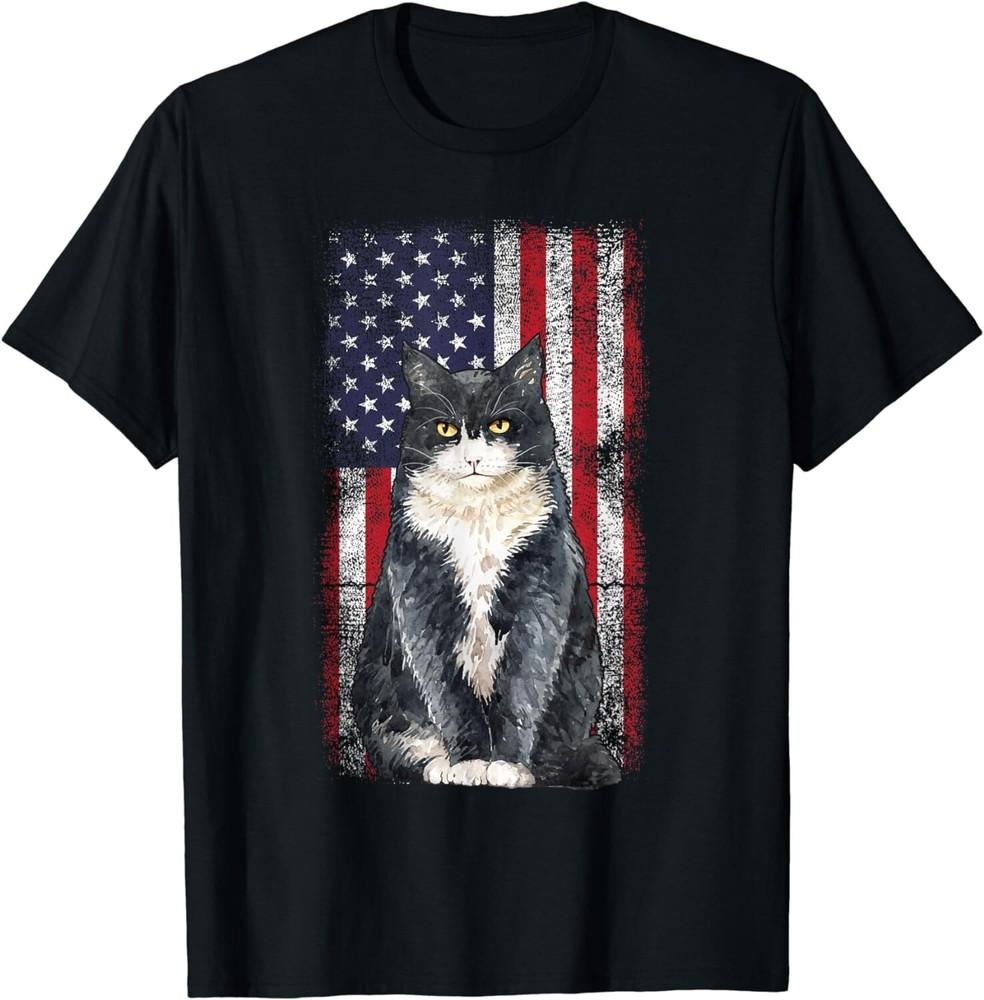 

Patriotic tuxedo cat 4th of July Vintage US American Flag Gift Unisex T-Shirt 4XL