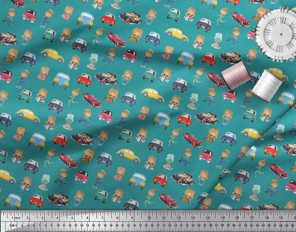 Soimoi Japan Crepe Satin Fabric Cartoon Girl & Car Transport Print Fabric by the Metre 42 Inch