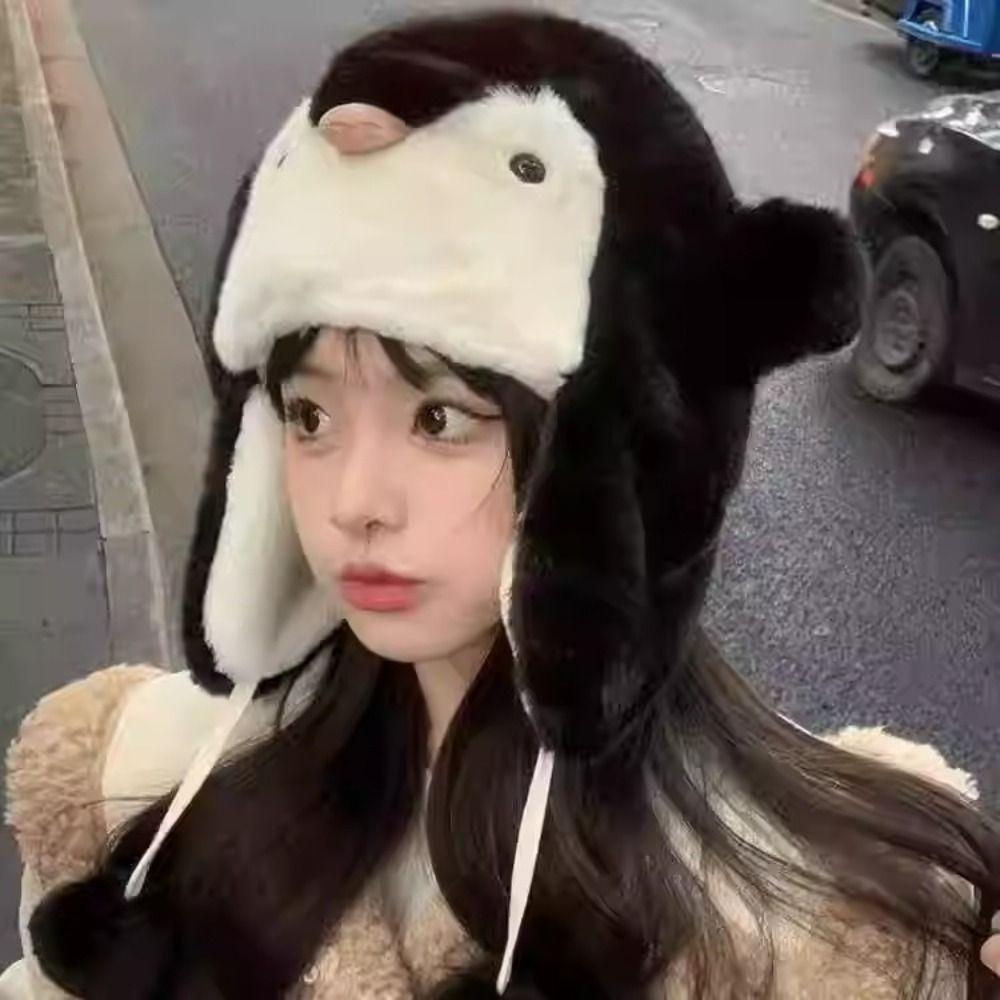 Cute Penguin Plush Hat Cold Protection Pullover Hat Sweet Beanies Caps  Kids Adult Gifts