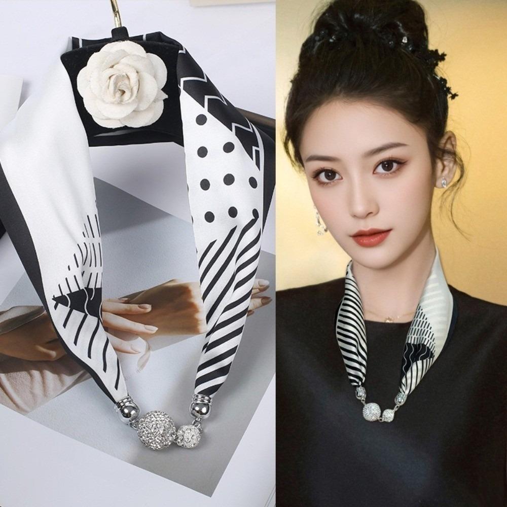 Pearl Diamond Silk Scarf Korean Retro Women's Scarf Chain Magnetic Buckle Scarf  Effortless Styling