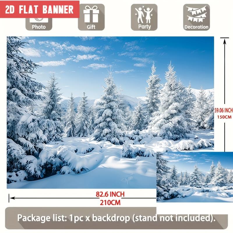 2D Flat Party Backdrop Banner - Snow Theme with Snow-Covered Pine Trees & Blue Sky, Polyester Photo Background for Wedding, Birthday & Family Party