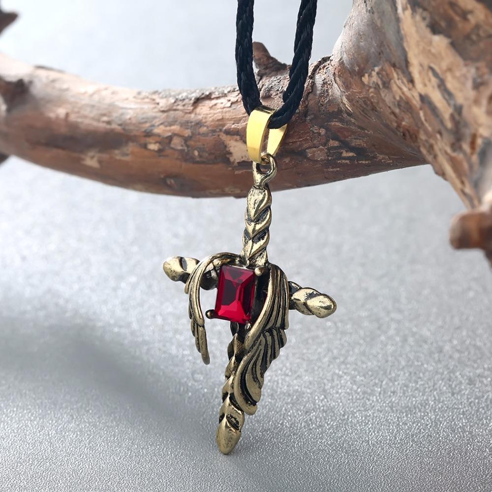 Kinitial Gothic Punk Style Red Cubic Zirconia Inlay Dragon Cross Wings Pendant Necklace for Men Charm Choker Jewelry