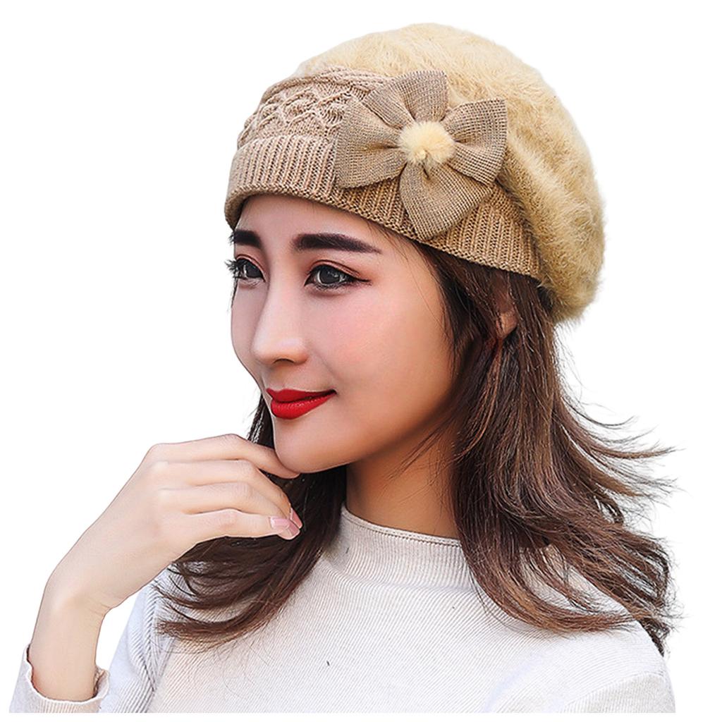 Women Knitted Wool Hats Winter Flower Decorated Warm Female Cap Beanies Fur Hat Gorros Bonnet Soft Breathable Beanie Caps