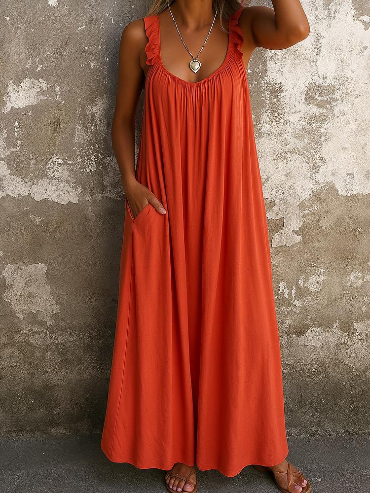 Women's Sleeveless Ruffle Neck Maxi Dress with Side Pockets