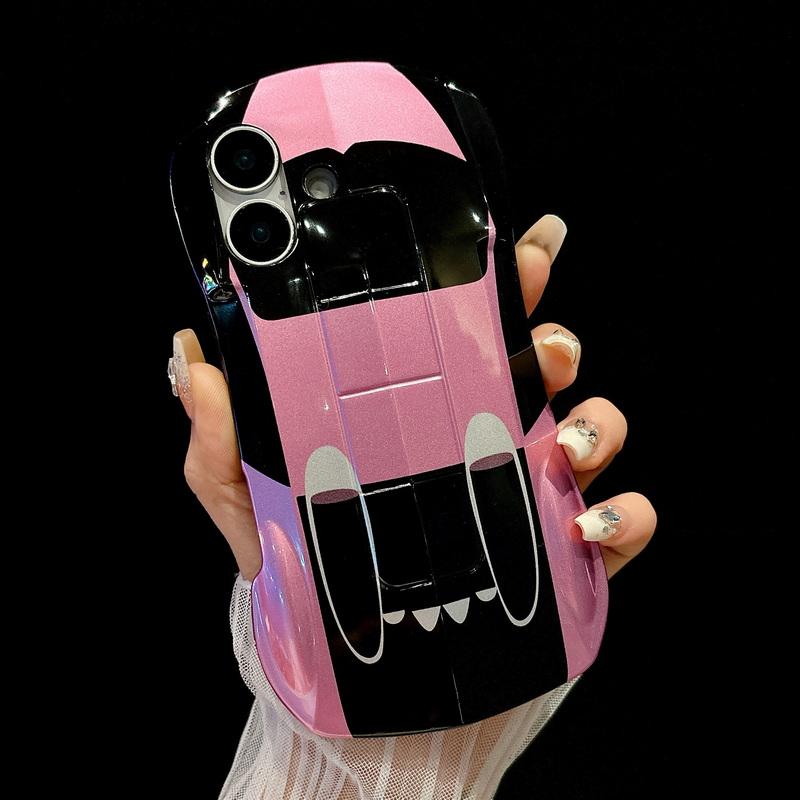 3D Car Shape Cool Glossy Phone Case For iPhone 16 Pro Max 15 Pro 14 13 12 11 Slim Hard PC Hybrid Silicone Soft Edge Shockproof Bracket Back Cover