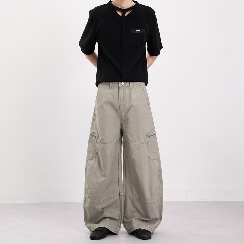 Light Gray American Retro Scimitar Pants Tooling Zipper Pocket Casual Pants Loose Versatile Wide Legs Mopping Long Pants