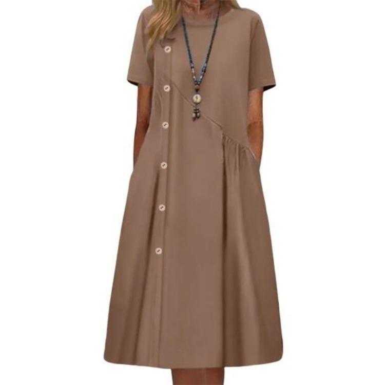 Casual Midi Dress for Women Beautiful Beach Dress Pleated O Neck Lady Clothes