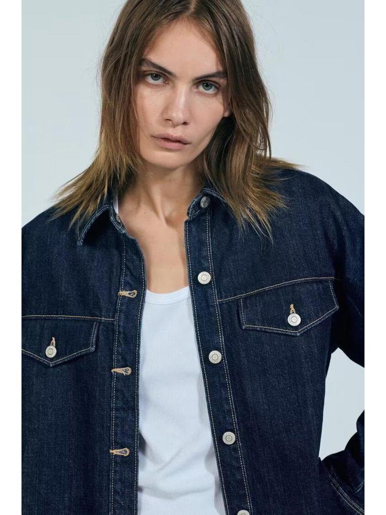 Autumn 2024 Women's Casual Denim Shirt Jacket with Lapel and Pocket Details