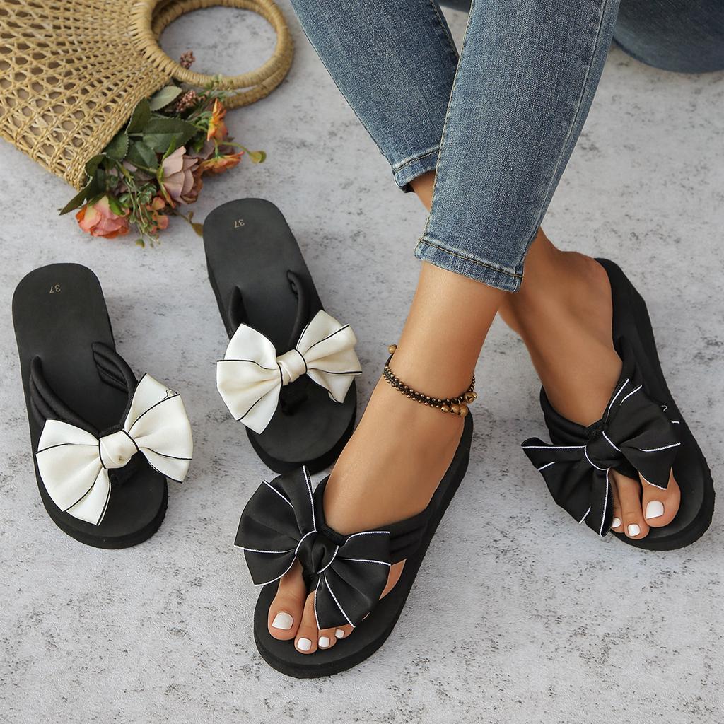 Large Size Summer New Round Head Wedge Heel Fashion Bow Casual Wear Herringbone Cool Slippers Women