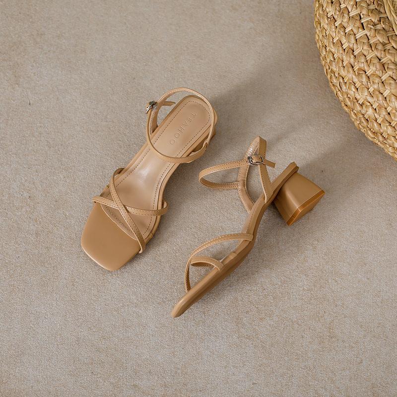 Fashion 2025 cross band high heels sandals women thick heel summer shoes solid color ankle strap gladiator sandalias de tacón