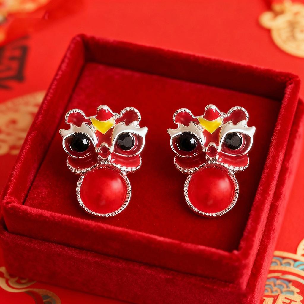 New autumn and winter wind lion dance stud earrings suitable for Chinese New Year earrings Spring Festival red New Year earrings women