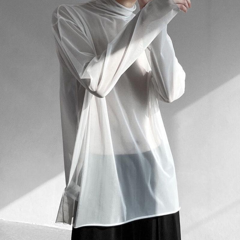 Man Summer Fashion Long Sleeve Net Yarn Tops New Turtleneck All-match Solid Color Sunscreen Clothing T-shirt