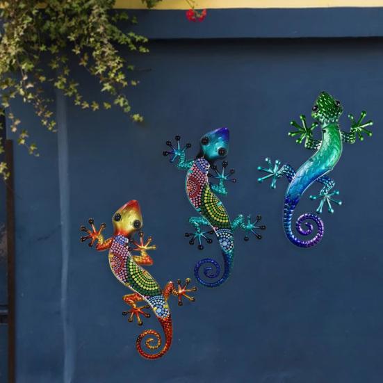 3Pcs Acrylic Gecko Wall Decoration Home Office Living Room Indoor Outdoor Garden Wall Art Iron Hanging Colorful Lizard Ornament Pendant Christmas Gift