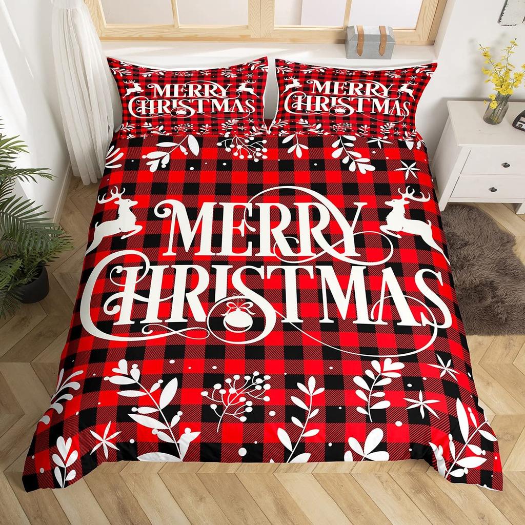 Merry Christmas Duvet Cover Set,Red Buffalo Checked Rustic Truck Comforter Cover,Plaid Xmas Tree Elk Deer Snowflake Bedding Sets