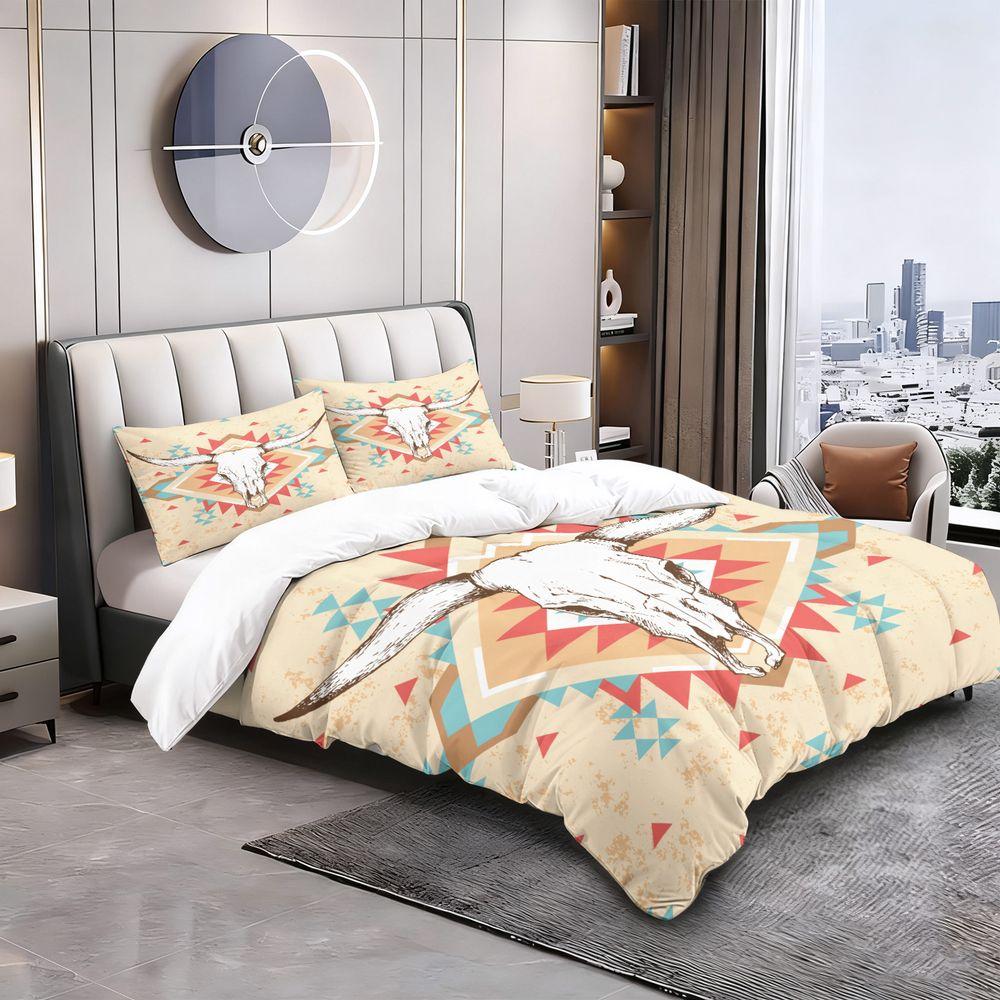 2/3Pcs Western Bull Skull Print Duvet Cover Set (1 Duvet Cover & 1/2 Pillowcase) Boho Tribal Bedding Set For Bedroom Decor