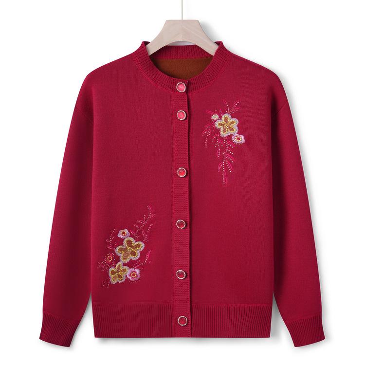 Middle-aged and Elderly Women's Sweater Jacket Female Mother's Autumn Clothes Plus Undress Embroidered Business Elderly Grandma Clothes