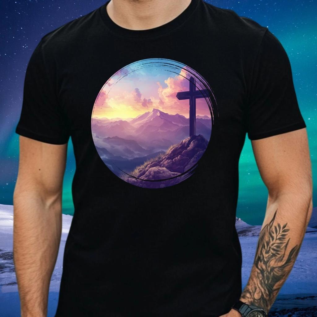 T-Shirt Herren Kreuz auf einem Berg Motiv Baumwolle Größe XS bis 5XL