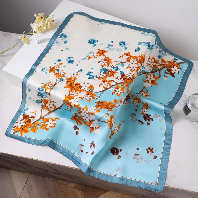 Luxury Printed Silk Scarf Women Simulated Silk Elegant Blue Versatile Headwear Bag Accessories Clothing Fashion Square Scarf