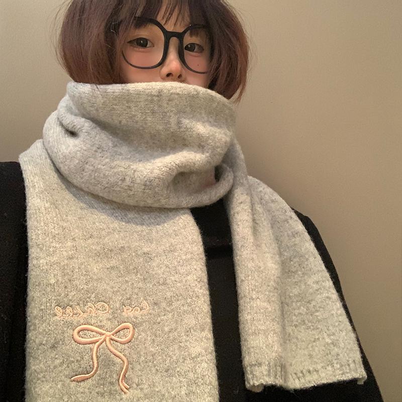 2025 Winter  College Style Imitation Cashmere Scarf Solid Color  Embroidered Bow Couple Scarf