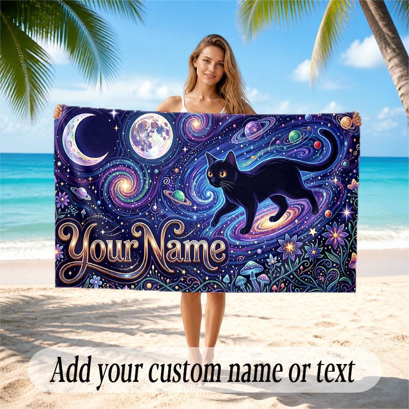 Cat Theme Soft Beach Towel Personalized Custom Name Text Towel Portable for Beach Pool Travel